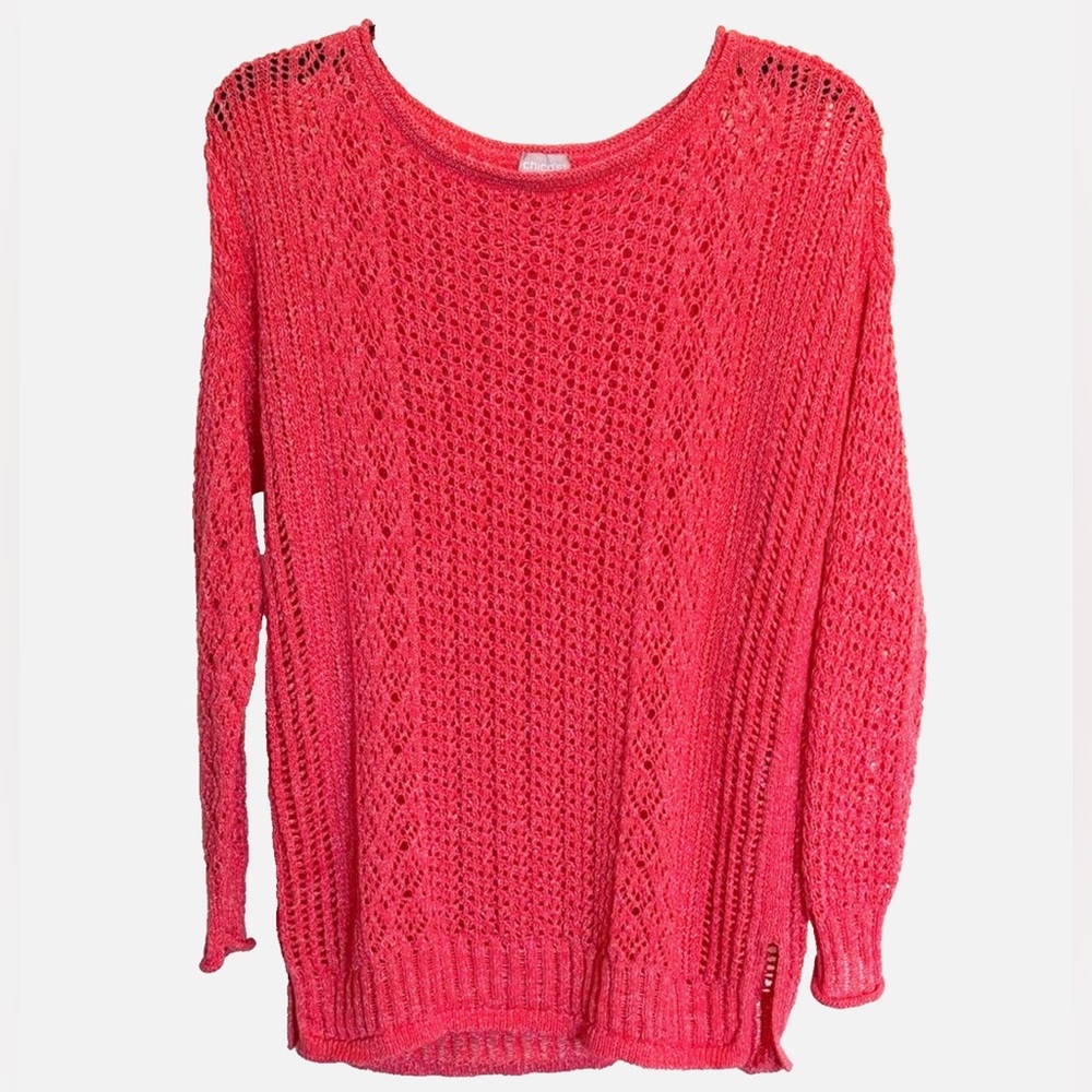 Chico’s Open Knit Sweater Size 1 M Coral Pink Lightweight Boho Pullover